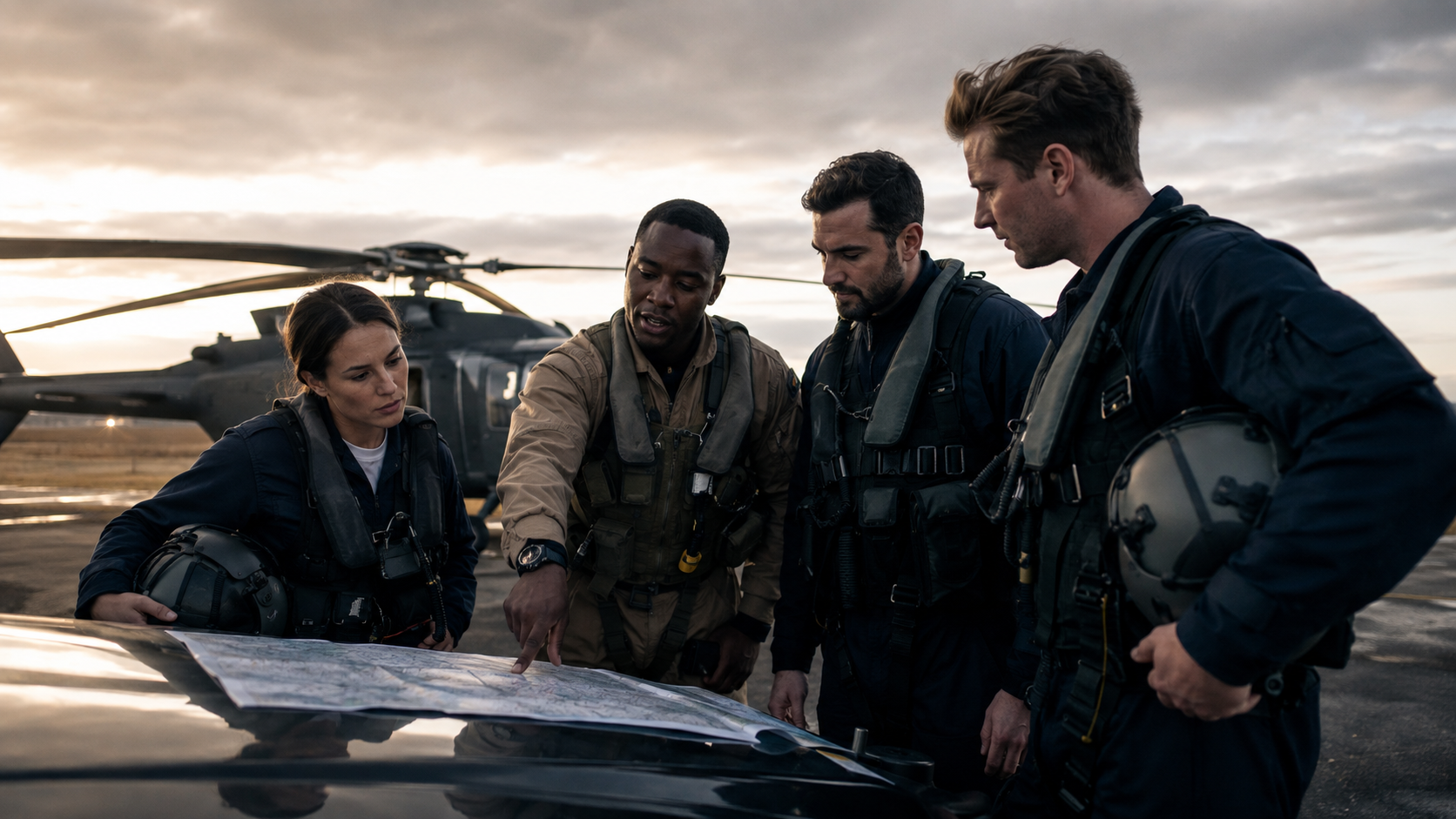 Operational aviation crew making mission decisions together beside a helicopter
