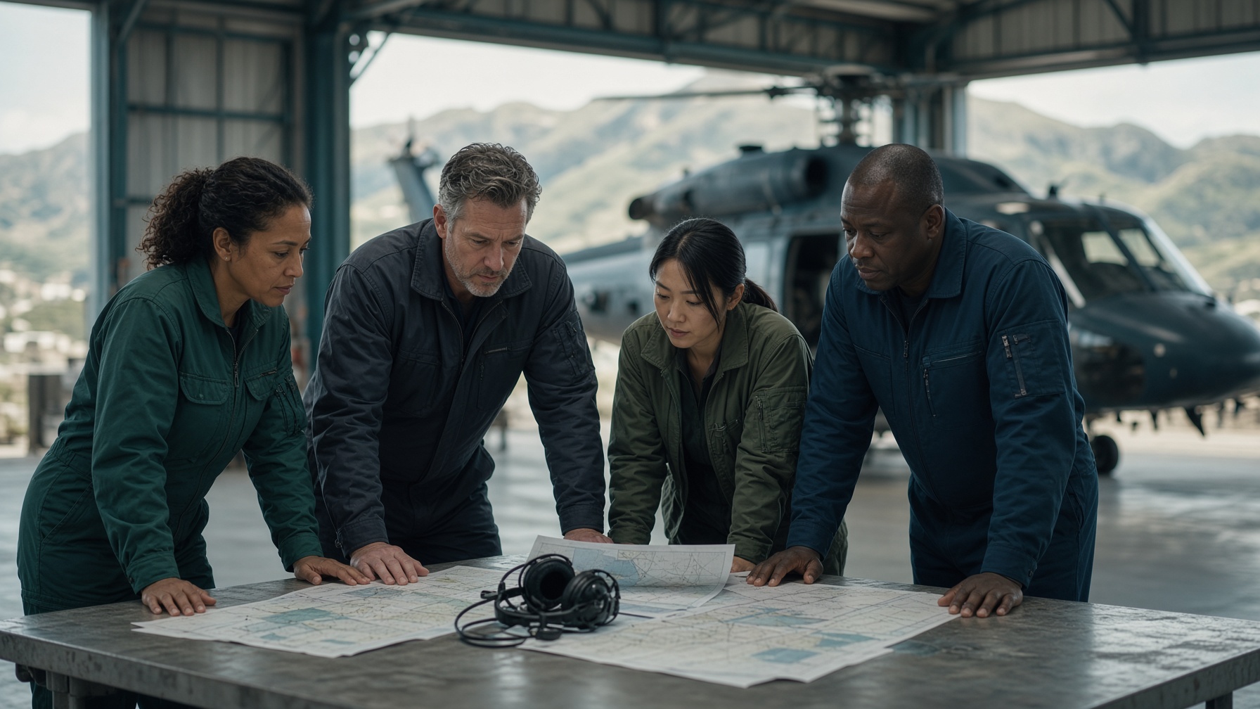Aviation professionals around a briefing table