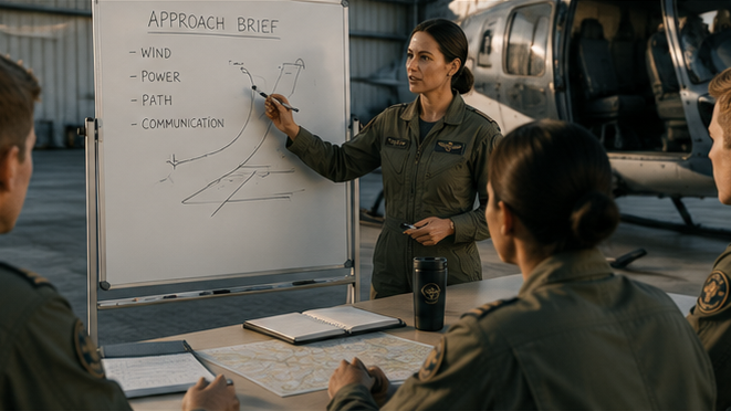 An aviation instructor teaching an approach briefing to aviation professionals beside a helicopter