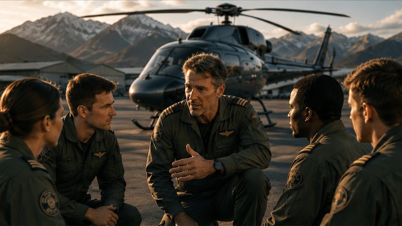 An experienced aviation leader briefing an engaged group beside a helicopter at a mountain airfield