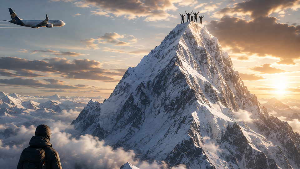A leader on a lower snowy ridge looks up toward a group at the summit as a passenger jet crosses the upper-left sky