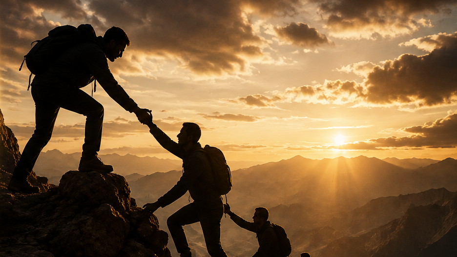 A chain of people helping one another climb a mountain at sunset