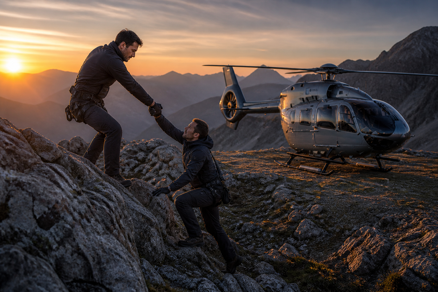 One aviation professional helping another reach a mountain summit beside a helicopter at sunset
